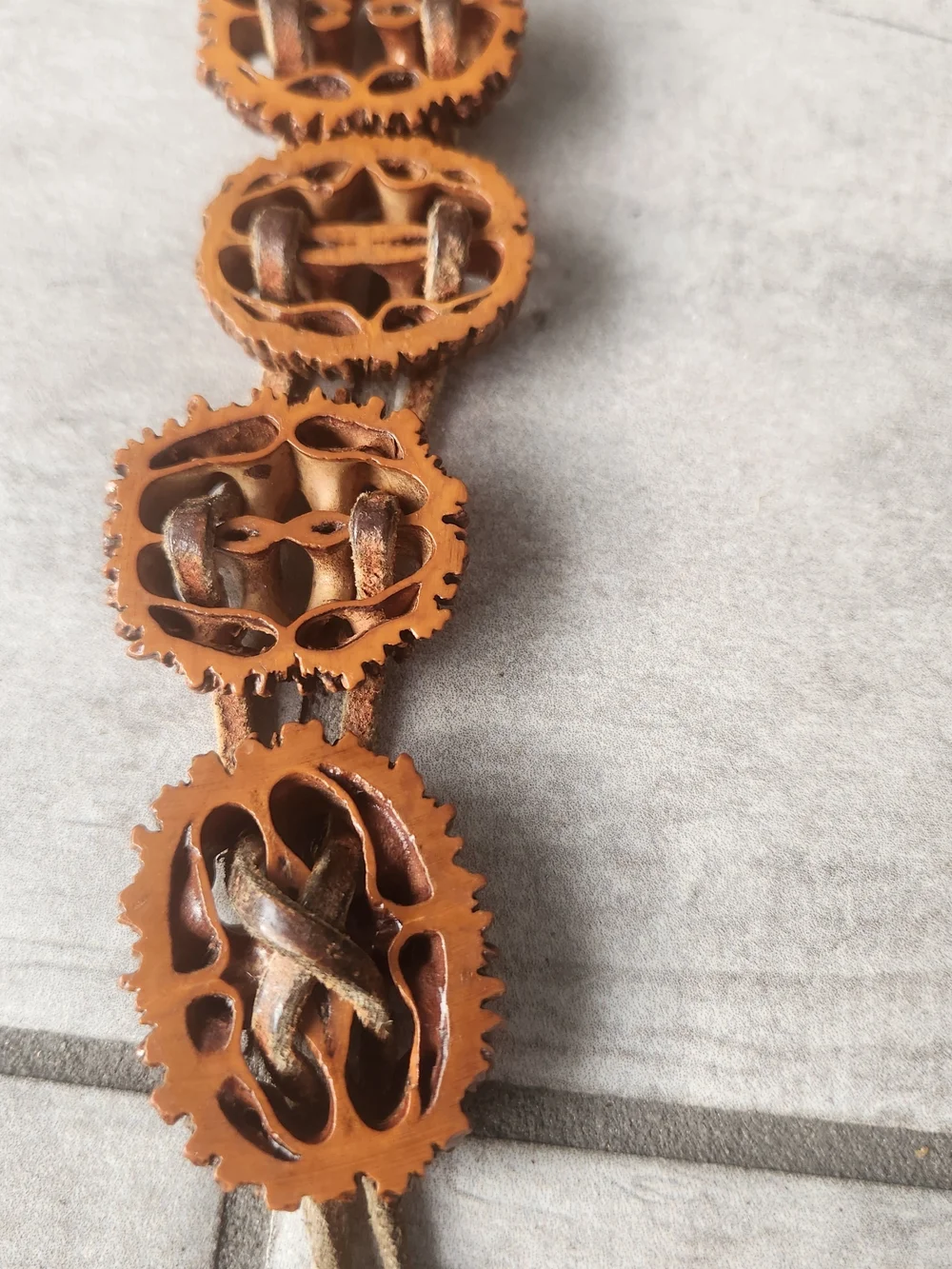 Vintage 70s Black Walnut Shell Slices Tie Belt, Leather Suede Strap Boho Folk